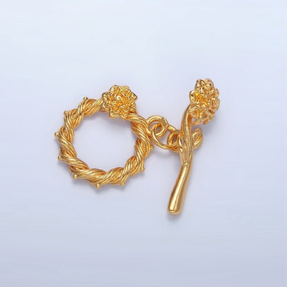 24K Gold Filled Rose Flower Twisted Ribbed Artisan Toggle Clasps Closure Findings | Z995