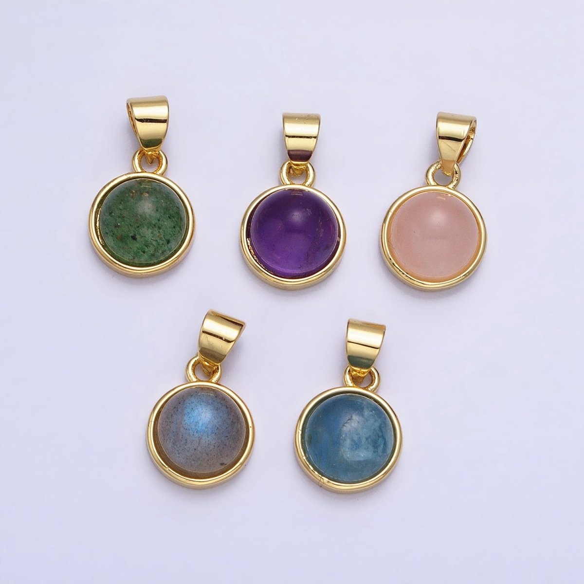 24K Gold Filled Rose Quartz, Aventurine, Labradorite, Blue Agate, Amethyst Round Pendant | AA195 - AA199