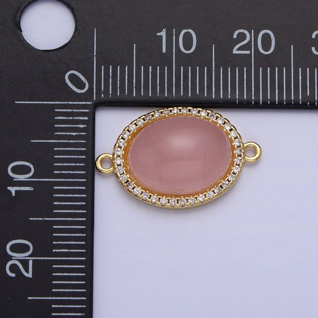 24K Gold Filled Rose Quartz Natural Gemstone Micro Paved CZ Oval Connector | Y-793