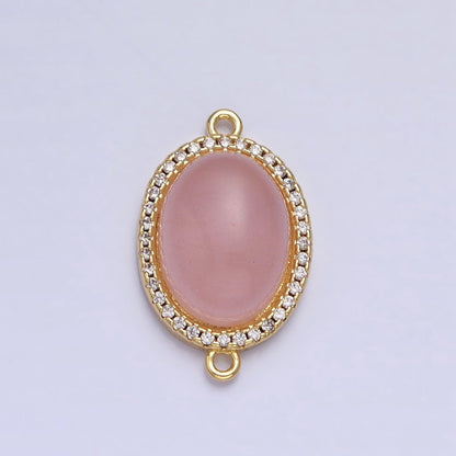 24K Gold Filled Rose Quartz Natural Gemstone Micro Paved CZ Oval Connector | Y-793
