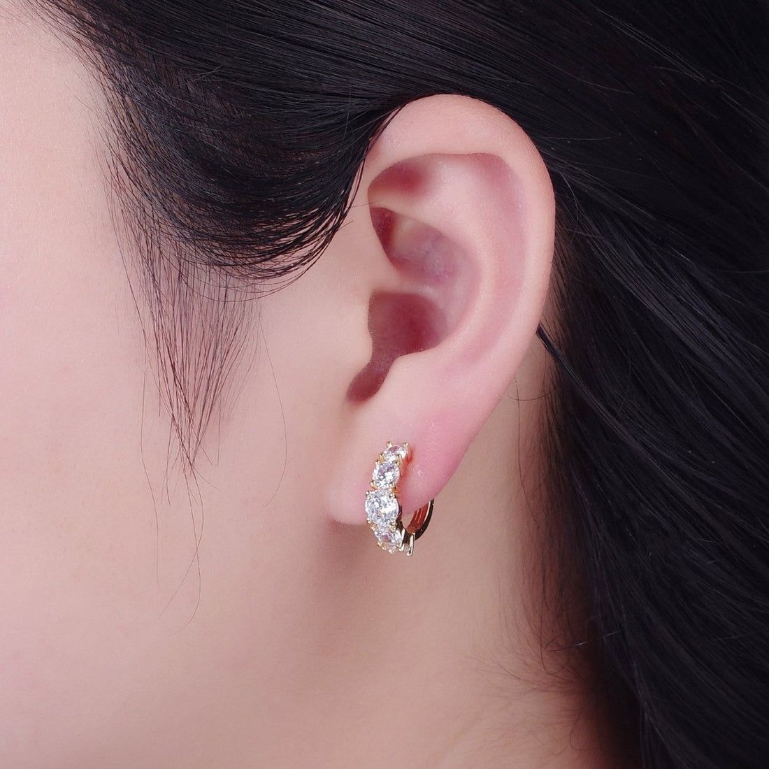 24K Gold Filled Round Clear CZ Lined Huggie Hoop Earrings | T-430