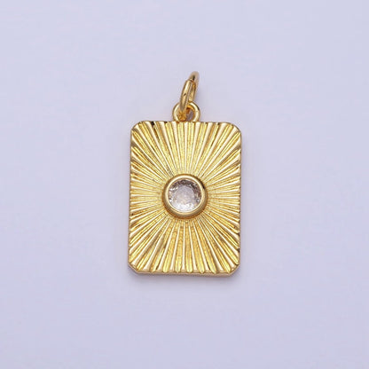 24K Gold Filled Round Clear CZ Sunburst Textured Tag Charm | AC364