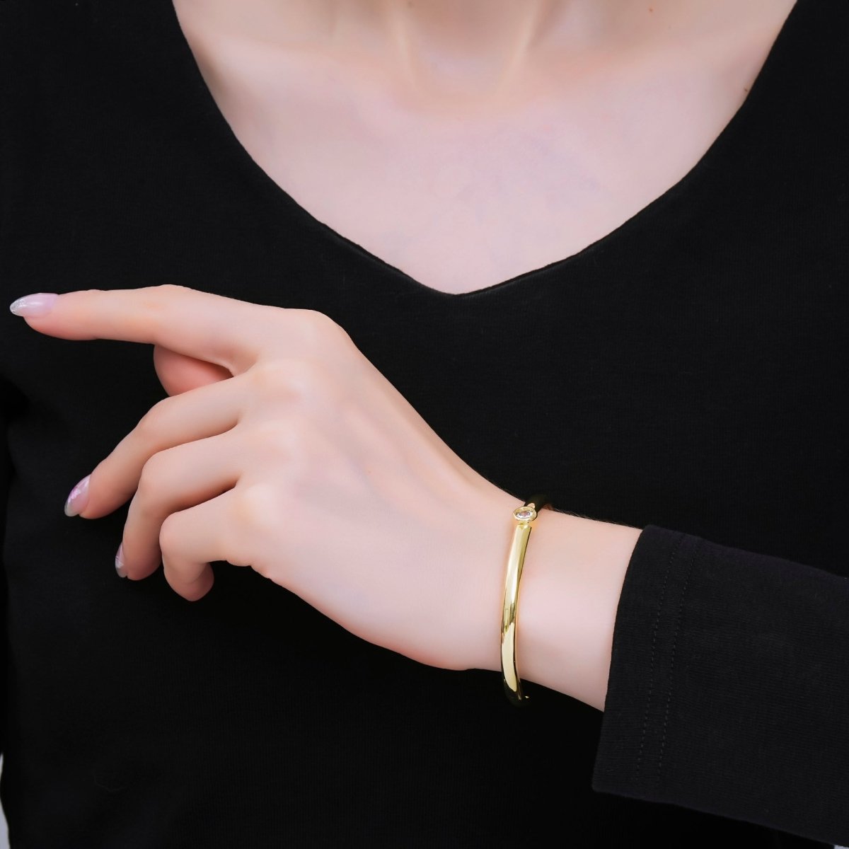 24K Gold Filled Round CZ Minimalist Bangle Cuff Bracelet in Gold &amp; Silver | WA-03097 WA-03094