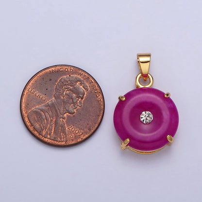 24k Gold Filled Round Jade Stone charm, Green, Purple Donut Stone Pendant w/ Micro Pave Stone Pendant W-640 W-641 AA-099 AA-100