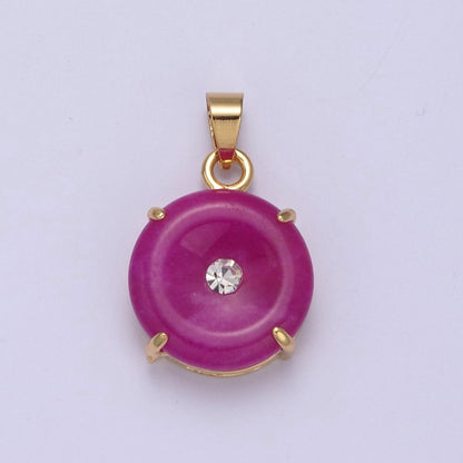 24k Gold Filled Round Jade Stone charm, Green, Purple Donut Stone Pendant w/ Micro Pave Stone Pendant W-640 W-641 AA-099 AA-100