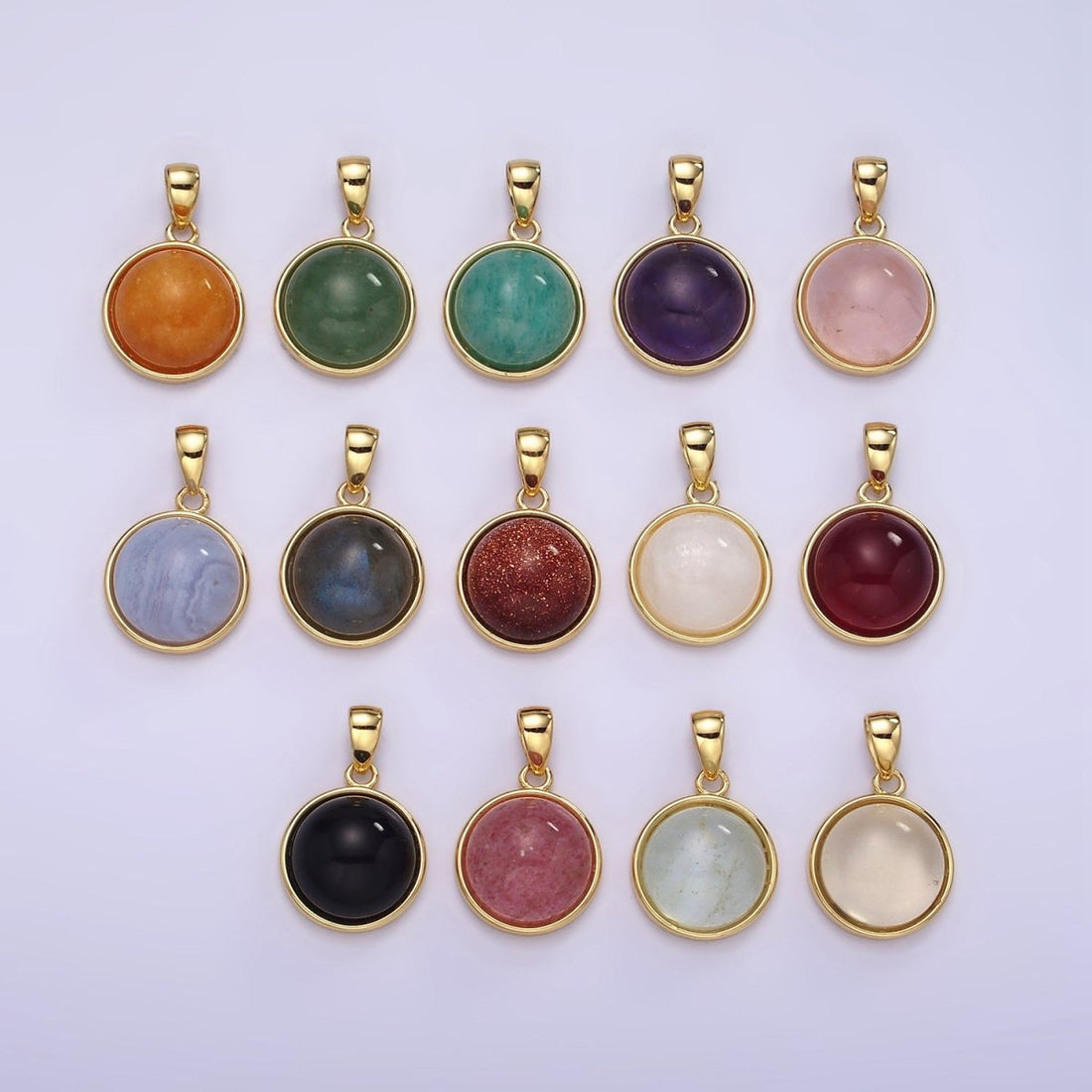 24K Gold Filled Round Natural Gemstone Bezel Pendant | AA062 - AA068