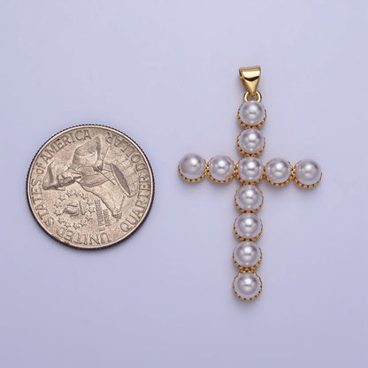 24K Gold Filled Rounded Pearl Lined Religious Cross Pendant in Gold &amp; Silver | AA201 AA202