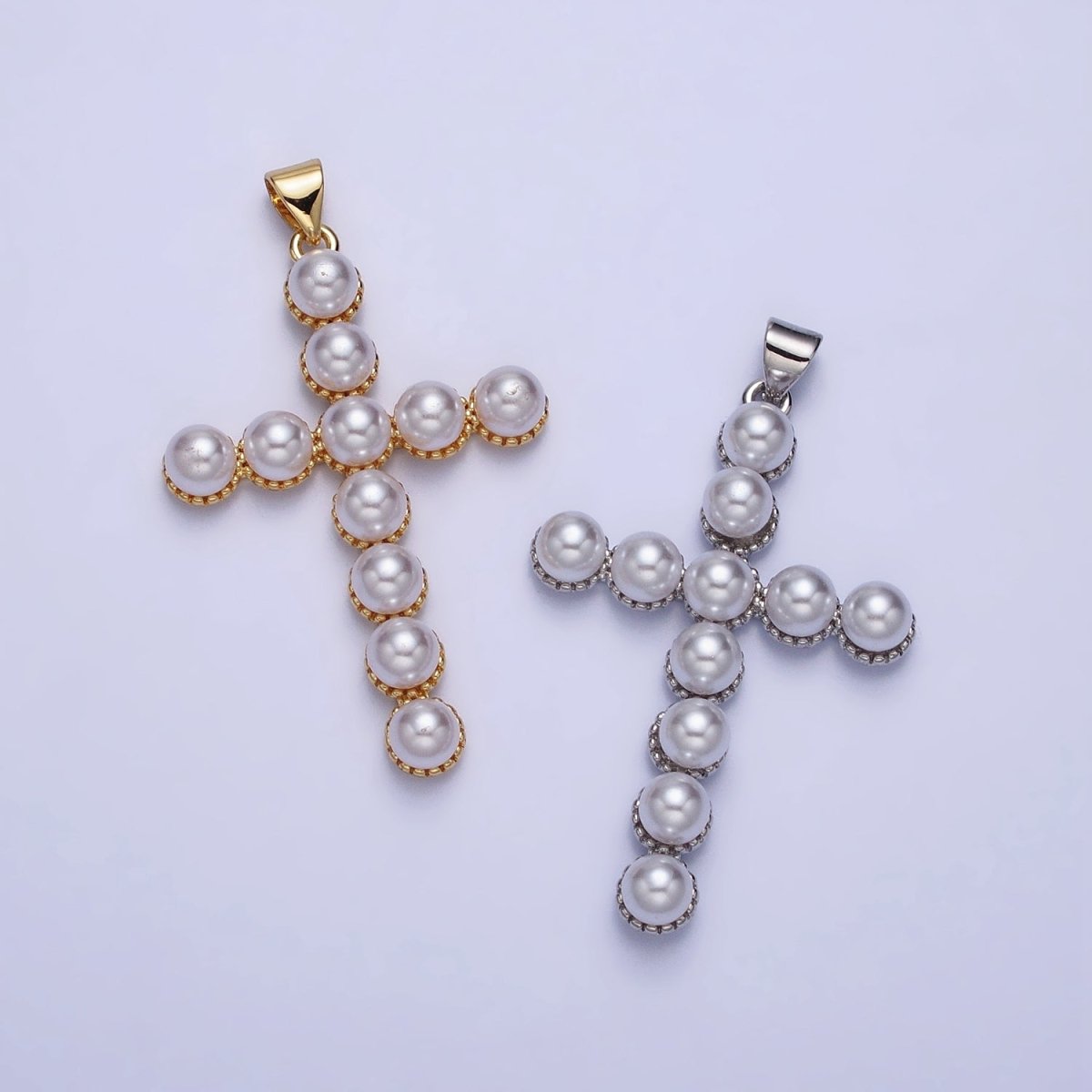 24K Gold Filled Rounded Pearl Lined Religious Cross Pendant in Gold &amp; Silver | AA201 AA202