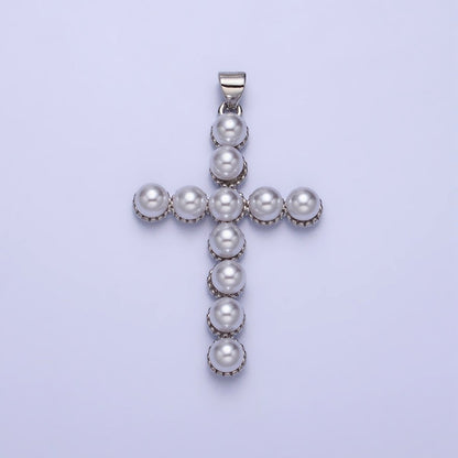 24K Gold Filled Rounded Pearl Lined Religious Cross Pendant in Gold &amp; Silver | AA201 AA202