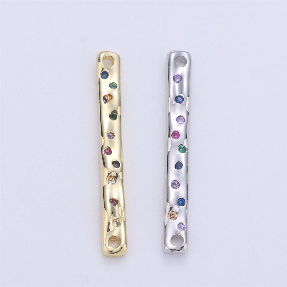 24K Gold Filled Rustic Textured Bar Dainty Connector with Micro Pave Multi Color Rainbow Cubic Zirconia CZ Stone for Necklace or Bracelet F-360