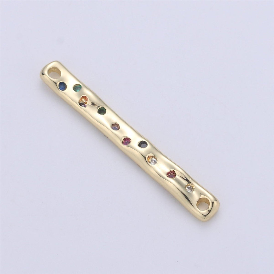 24K Gold Filled Rustic Textured Bar Dainty Connector with Micro Pave Multi Color Rainbow Cubic Zirconia CZ Stone for Necklace or Bracelet F-360