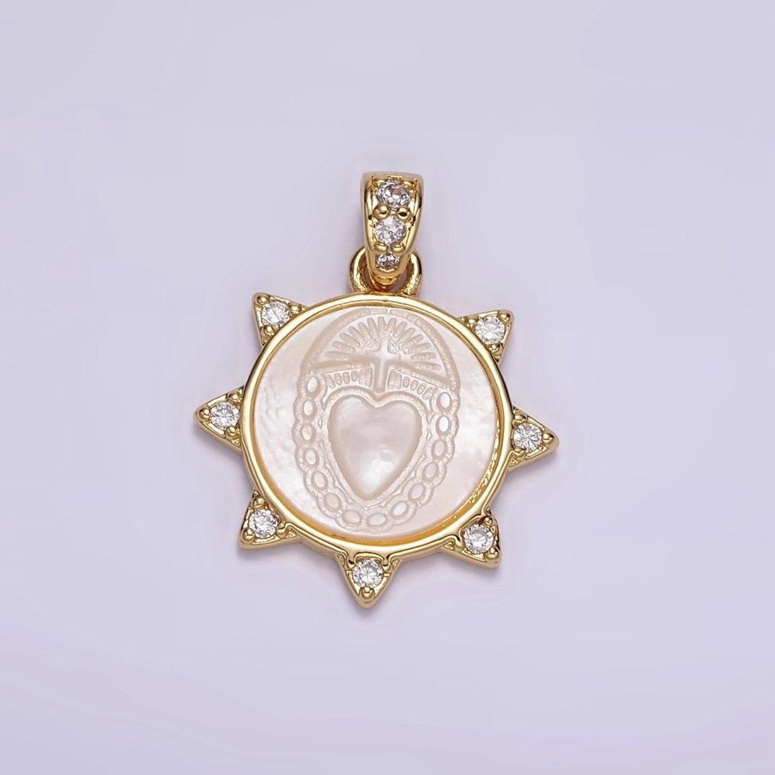 24K Gold Filled Sacred Heart Celestial Sun CZ Shell Pearl Pendant | AA056