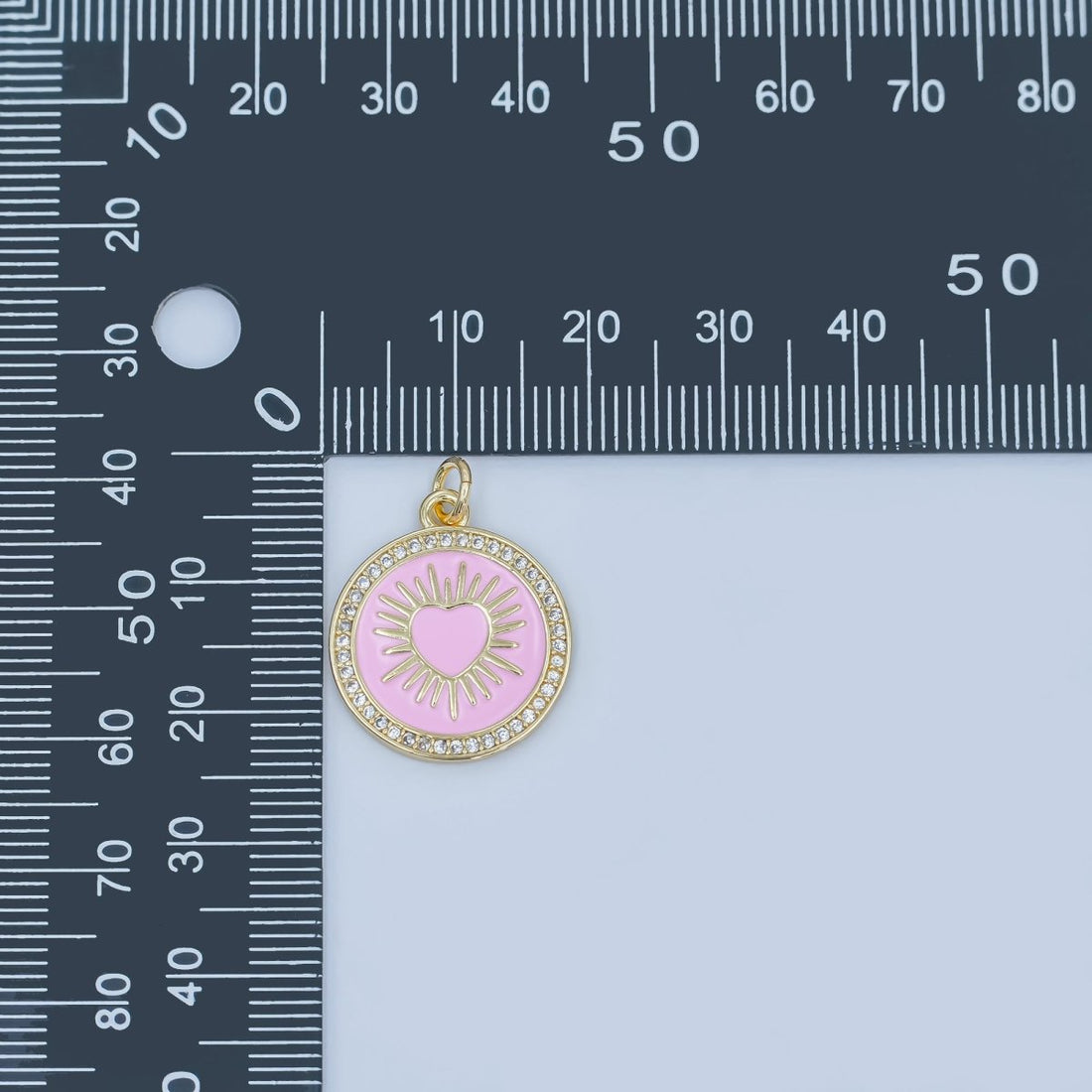 24K Gold Filled Sacred Heart Pink Enamel Micro Paved Round Charm | M185