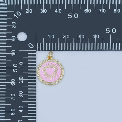 24K Gold Filled Sacred Heart Pink Enamel Micro Paved Round Charm | M185