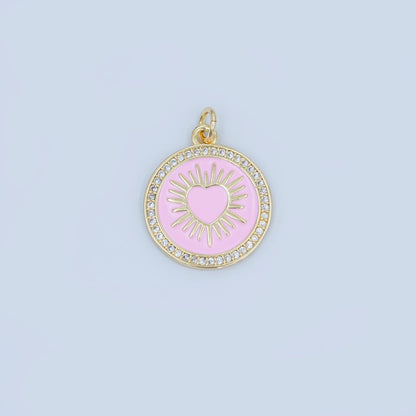24K Gold Filled Sacred Heart Pink Enamel Micro Paved Round Charm | M185