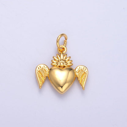 24K Gold Filled Sacred Heart Wings Multidimensional 3D Charm in Gold &amp; Silver | N052