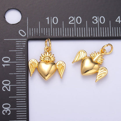 24K Gold Filled Sacred Heart Wings Multidimensional 3D Charm in Gold &amp; Silver | N052