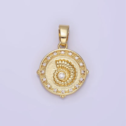 24K Gold Filled Sea Shell Clear CZ Round Pendant | AA1341