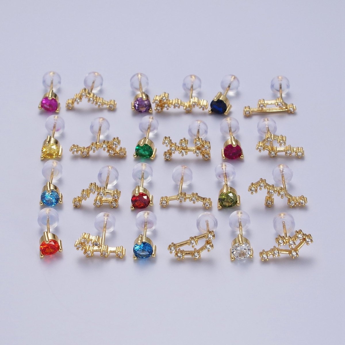 24K Gold Filled Set Birthstone &amp; Astrology Zodiac Horoscope Constellation Cubic Zirconia Stud Earrings | AD014~AD025
