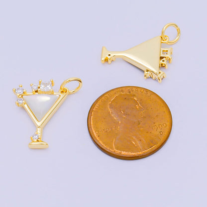 24K Gold Filled Shell Pearl, Abalone CZ Cocktail Martini Charm | M248