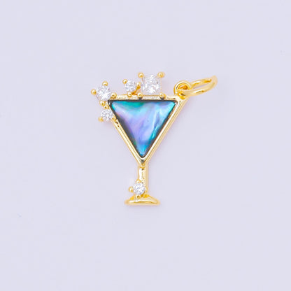 24K Gold Filled Shell Pearl, Abalone CZ Cocktail Martini Charm | M248