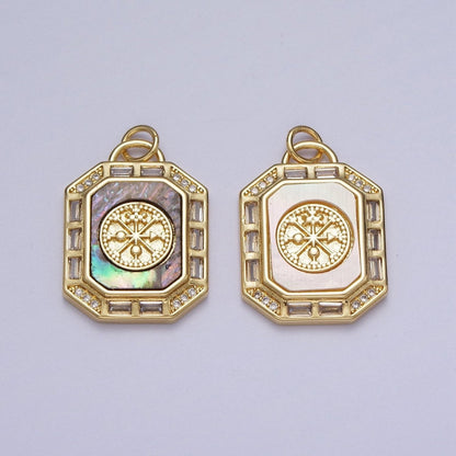 24K Gold Filled Shell Pearl, Abalone Tag Tile Compass Baguette Octagonal Charm E-743 N-390