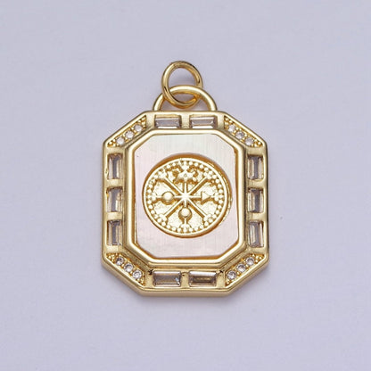 24K Gold Filled Shell Pearl, Abalone Tag Tile Compass Baguette Octagonal Charm E-743 N-390