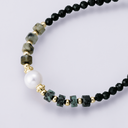 24K Gold Filled Shell Pearl Amazonite Multifaceted Gemstone Cable Chain Half 16.5 Inch Necklace w. Extender | WA-04174