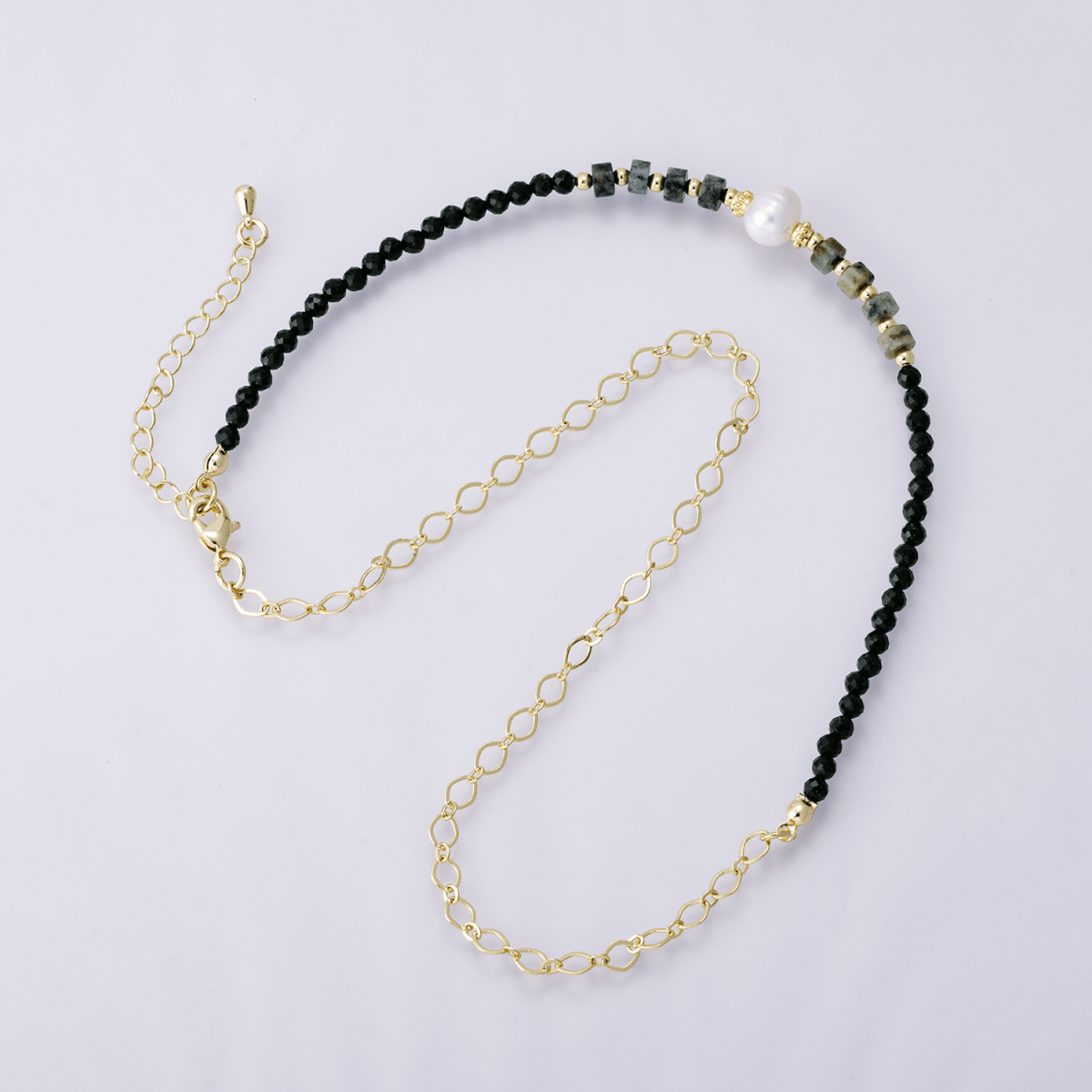 24K Gold Filled Shell Pearl Amazonite Multifaceted Gemstone Cable Chain Half 16.5 Inch Necklace w. Extender | WA-04174