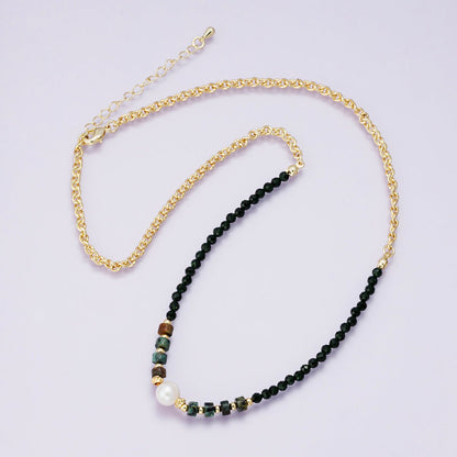 24K Gold Filled Shell Pearl Amazonite Multifaceted Gemstone Cable Chain Half 18 Inch Necklace w. Extender | WA-04230