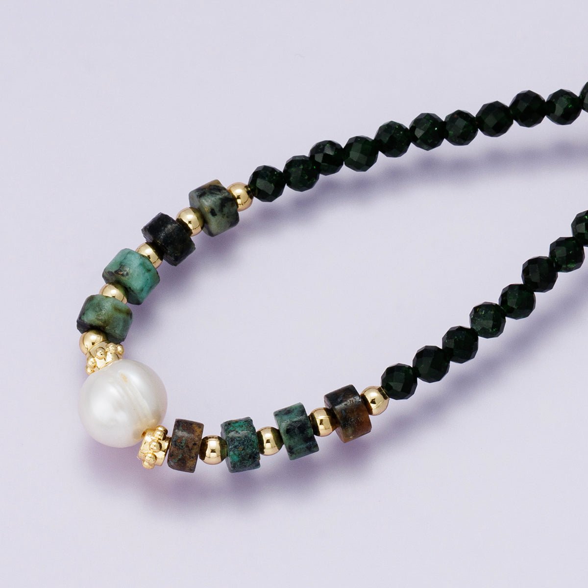 24K Gold Filled Shell Pearl Amazonite Multifaceted Gemstone Cable Chain Half 18 Inch Necklace w. Extender | WA-04230