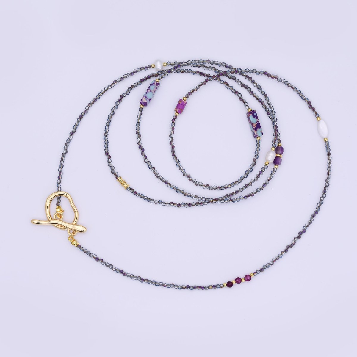 24K Gold Filled Shell Pearl Amethyst Jasper Dark Crystal Gemstone 40 Inches Necklace | WA-3083