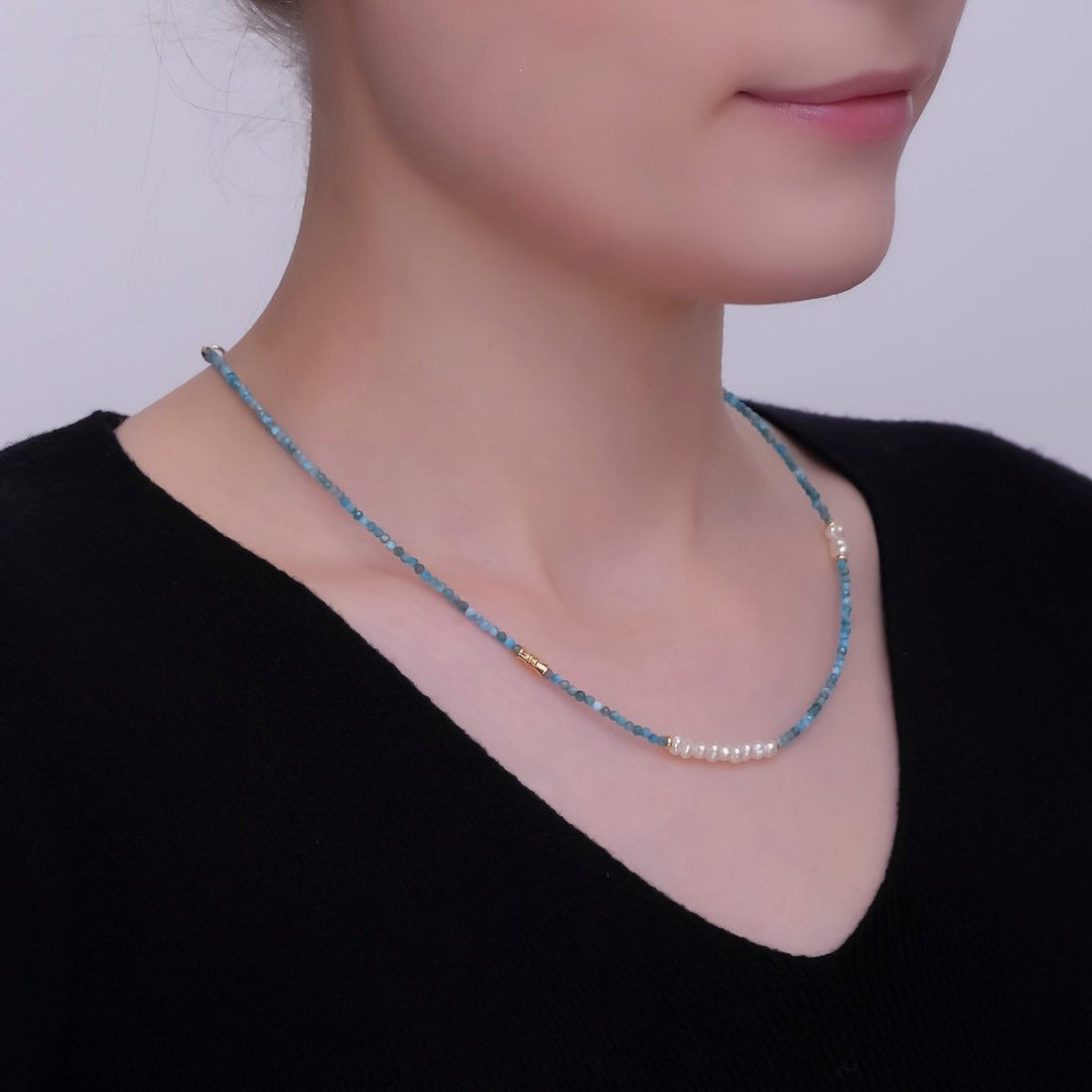 24K Gold Filled Shell Pearl Blue Gemstone Gemstone Bead 17 Inch Necklace | WA-2866