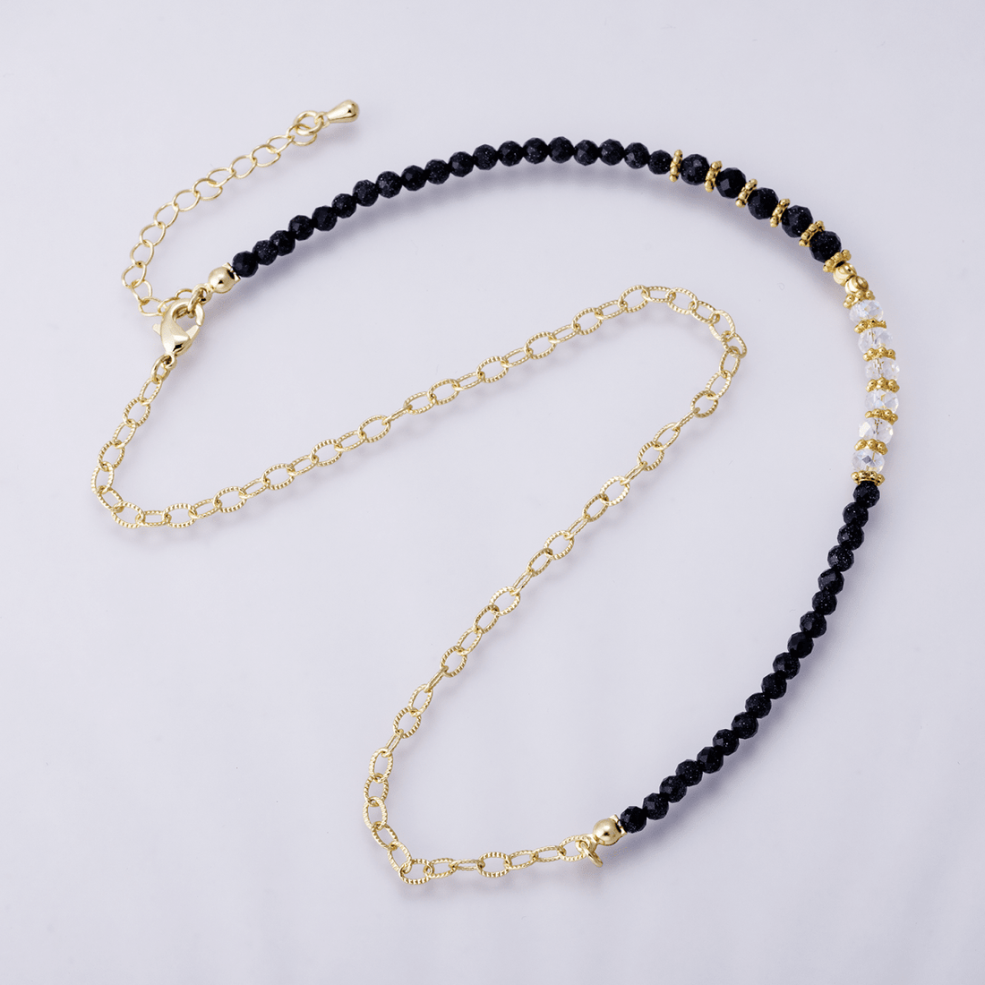 24K Gold Filled Shell Pearl Blue Sunstone Multifaceted Gemstone Ball Cable Chain Half 16.5 Inch Necklace w. Extender | WA-04172