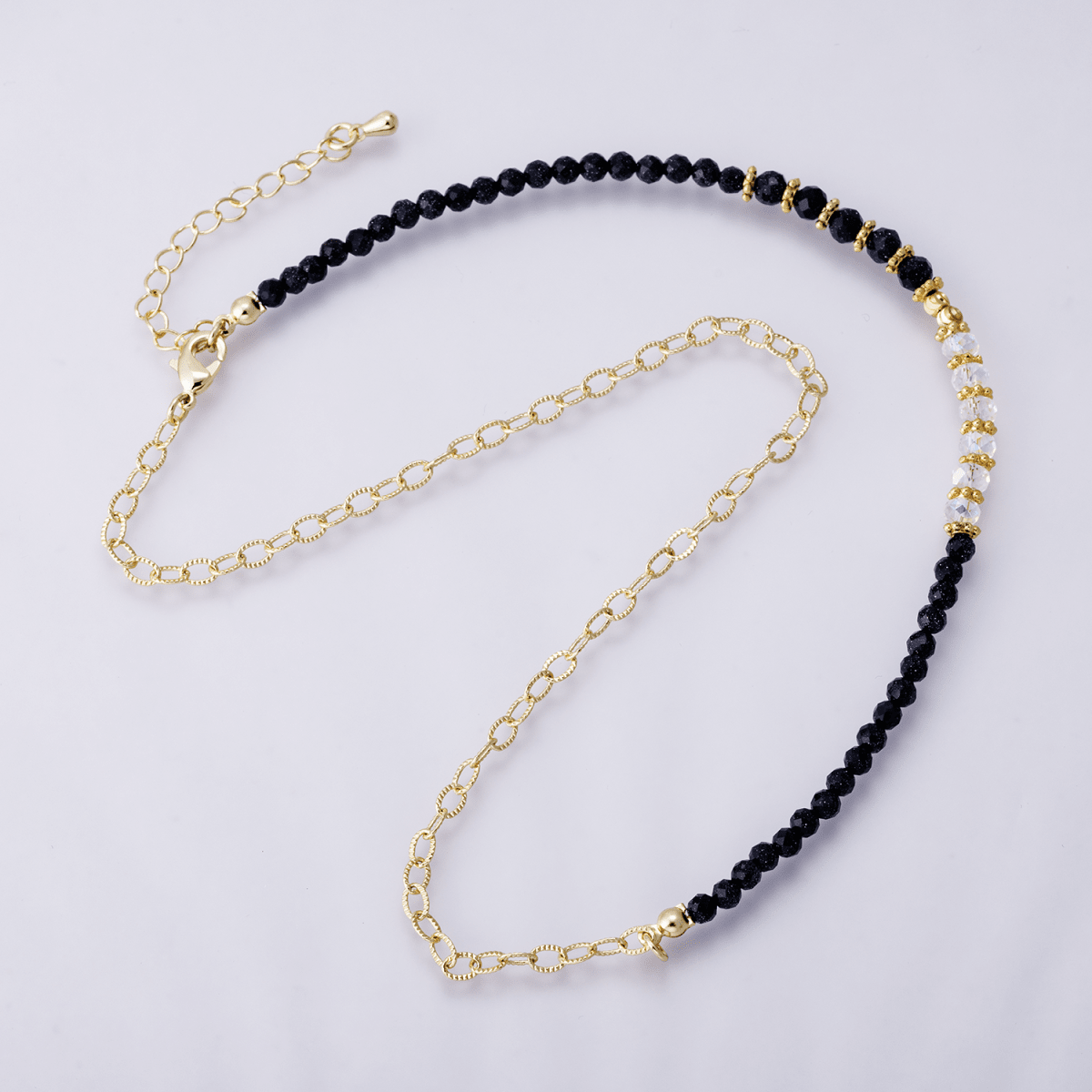 24K Gold Filled Shell Pearl Blue Sunstone Multifaceted Gemstone Ball Cable Chain Half 16.5 Inch Necklace w. Extender | WA-04172