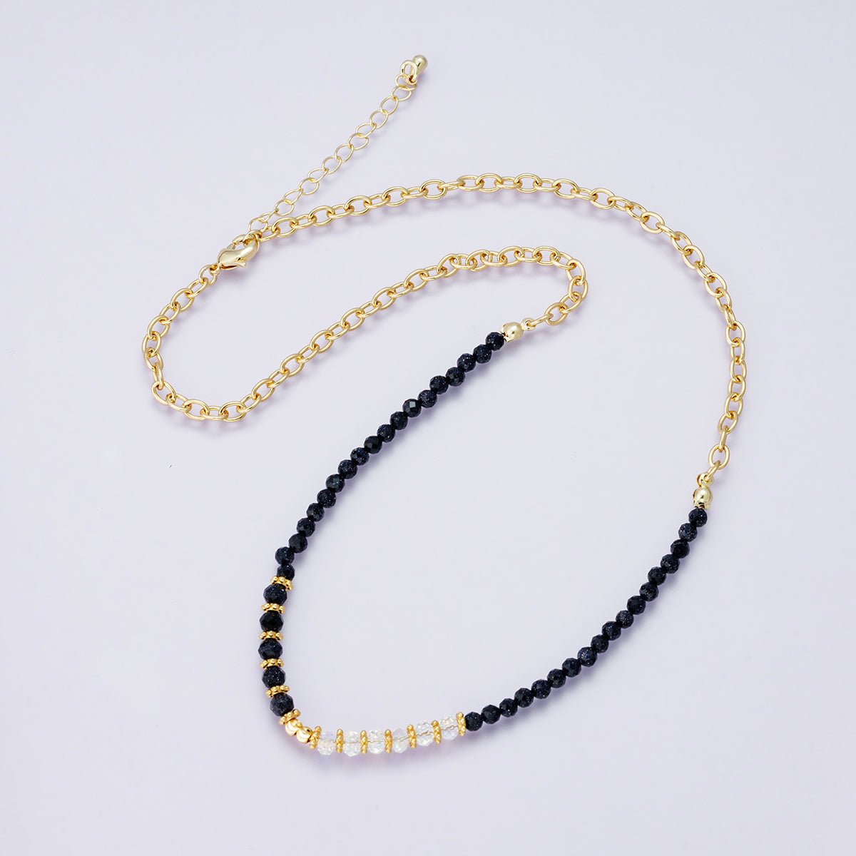 24K Gold Filled Shell Pearl Blue Sunstone Multifaceted Gemstone Ball Cable Chain Half 17 Inch Necklace w. Extender | WA-04235