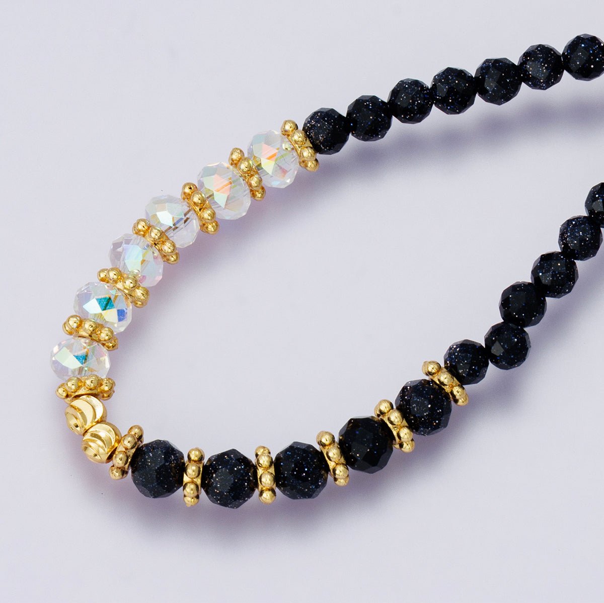 24K Gold Filled Shell Pearl Blue Sunstone Multifaceted Gemstone Ball Cable Chain Half 17 Inch Necklace w. Extender | WA-04235