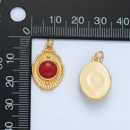 24K Gold Filled Shell Pearl, Carnelian Beaded Sunburst Oval Charm | X594