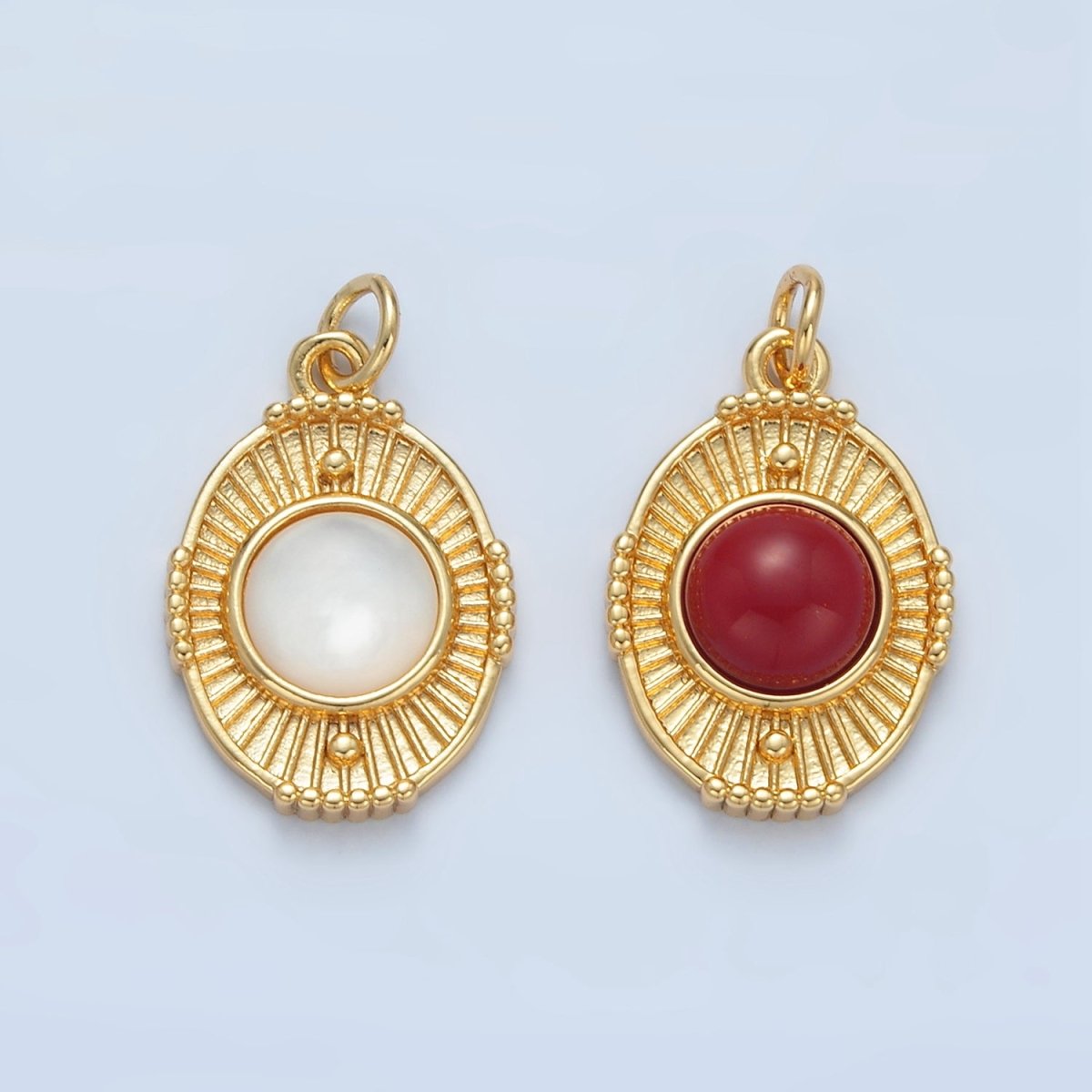 24K Gold Filled Shell Pearl, Carnelian Beaded Sunburst Oval Charm | X594