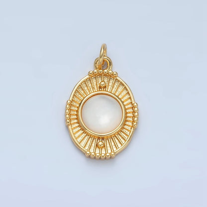 24K Gold Filled Shell Pearl, Carnelian Beaded Sunburst Oval Charm | X594