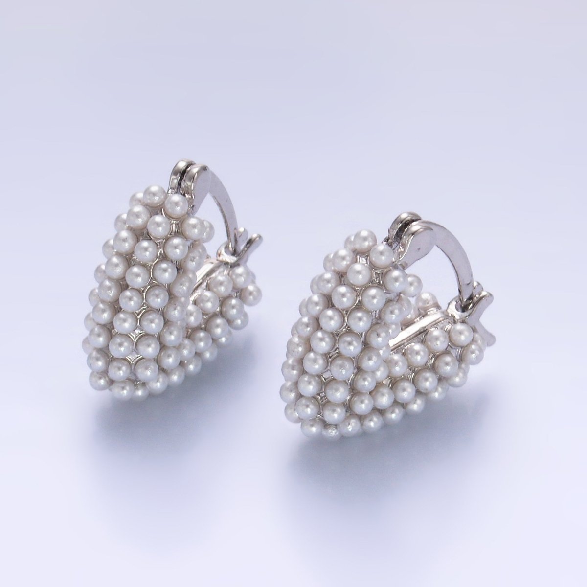 24K Gold Filled Shell Pearl Dotted Heart V-Shaped Latch Hoop in Gold &amp; Silver | AB694 AB695