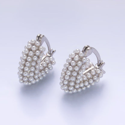 24K Gold Filled Shell Pearl Dotted Heart V-Shaped Latch Hoop in Gold &amp; Silver | AB694 AB695