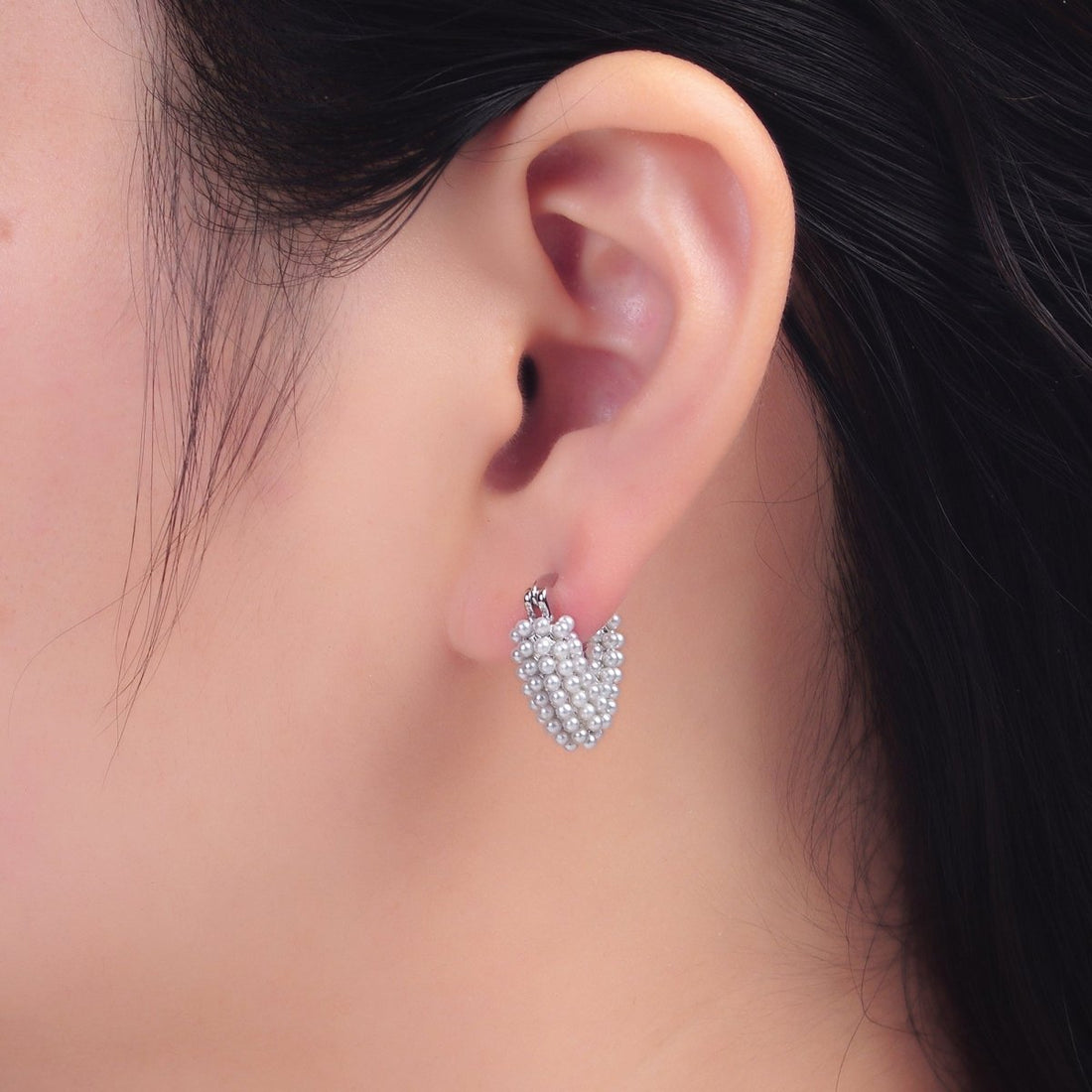 24K Gold Filled Shell Pearl Dotted Heart V-Shaped Latch Hoop in Gold &amp; Silver | AB694 AB695