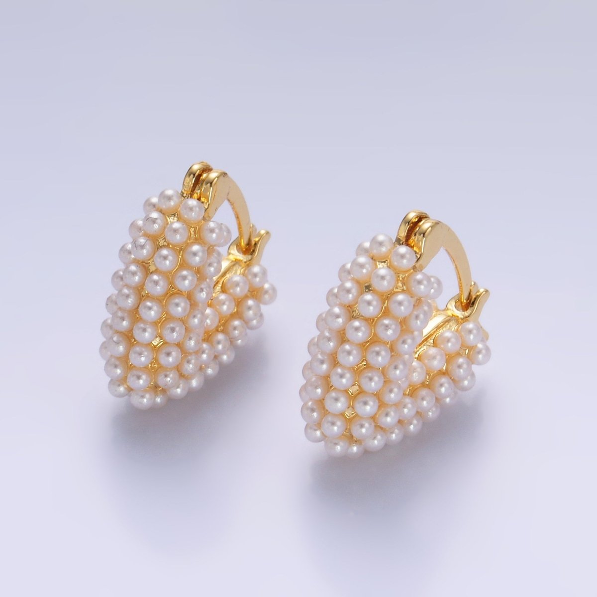 24K Gold Filled Shell Pearl Dotted Heart V-Shaped Latch Hoop in Gold &amp; Silver | AB694 AB695