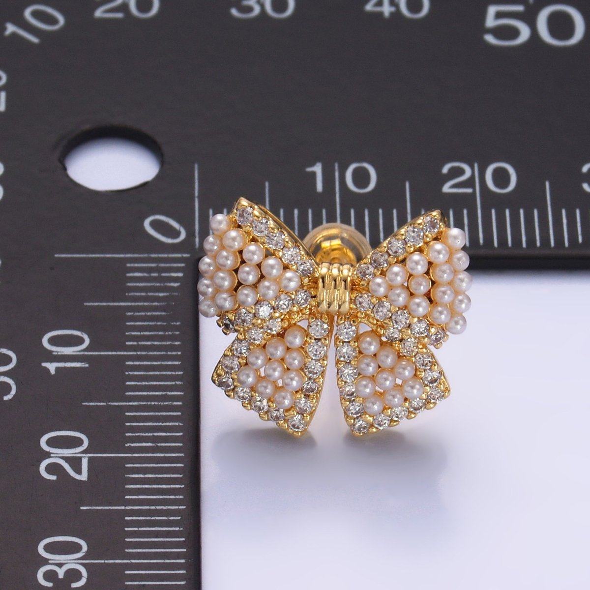 24K Gold Filled Shell Pearl Dotted Micro Paved CZ Ribbon Bow Stud Earrings in Gold &amp; Silver | AB692 AB693