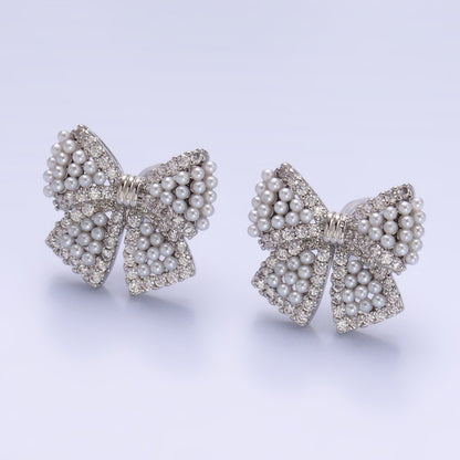 24K Gold Filled Shell Pearl Dotted Micro Paved CZ Ribbon Bow Stud Earrings in Gold &amp; Silver | AB692 AB693