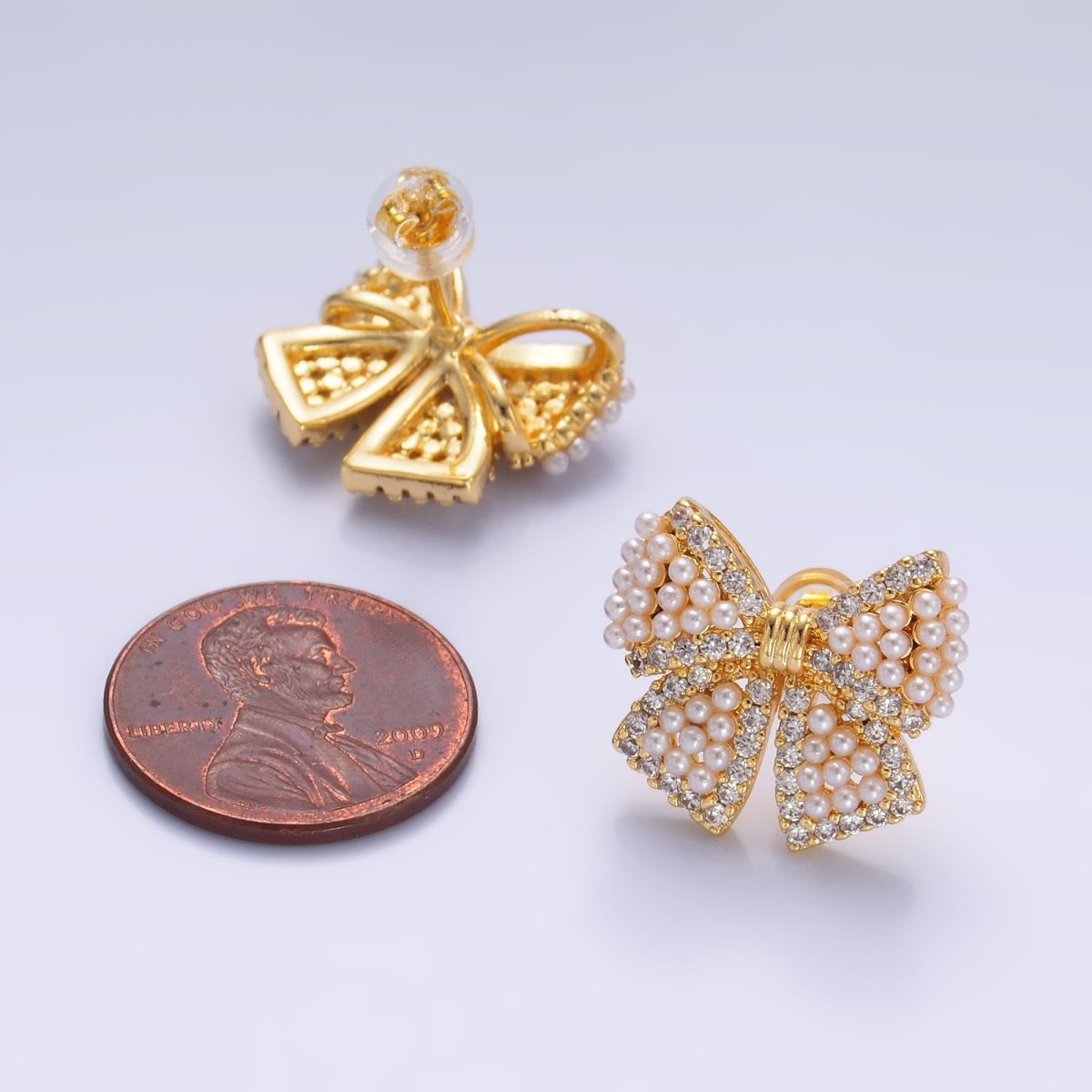 24K Gold Filled Shell Pearl Dotted Micro Paved CZ Ribbon Bow Stud Earrings in Gold &amp; Silver | AB692 AB693
