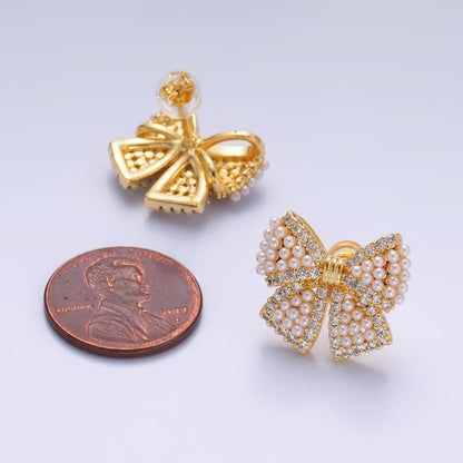 24K Gold Filled Shell Pearl Dotted Micro Paved CZ Ribbon Bow Stud Earrings in Gold &amp; Silver | AB692 AB693