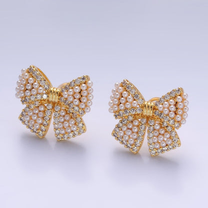 24K Gold Filled Shell Pearl Dotted Micro Paved CZ Ribbon Bow Stud Earrings in Gold &amp; Silver | AB692 AB693