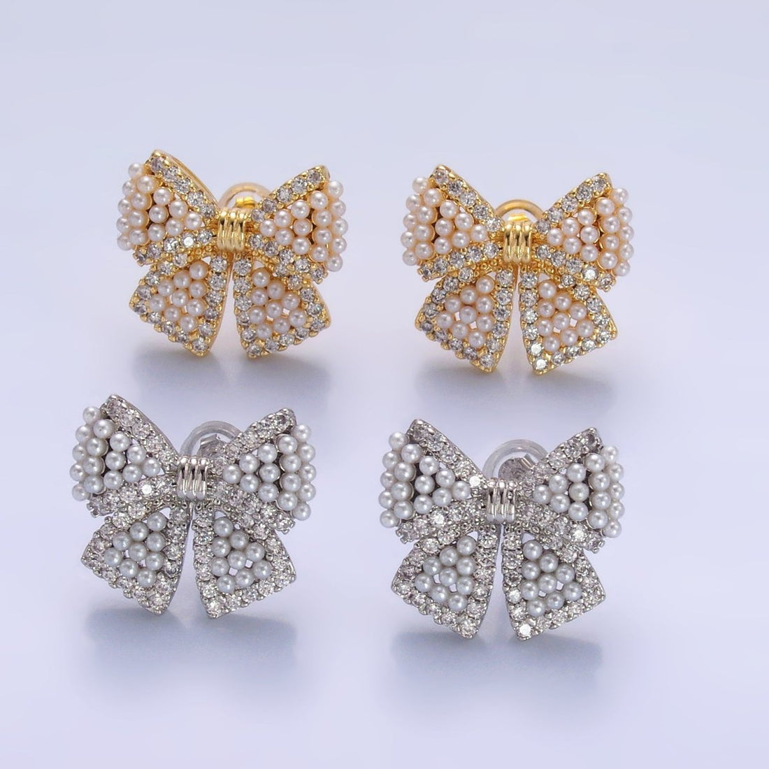 24K Gold Filled Shell Pearl Dotted Micro Paved CZ Ribbon Bow Stud Earrings in Gold &amp; Silver | AB692 AB693